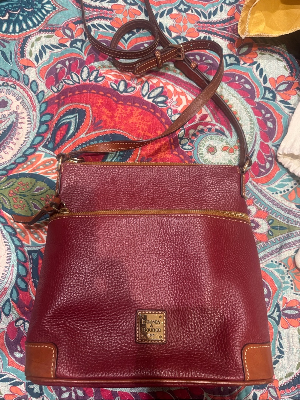 Dooney & Bourke Burgundy Pebble Leather Crossbody with Brown Trim